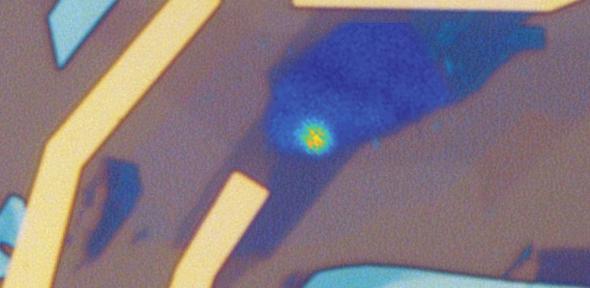 Microscopic image of ultra-thin LED emitting a stream of single photons.  --photo courtesy of Mete Atature